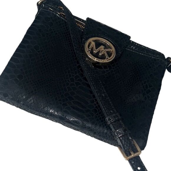 Michael Kors Fulton Black Python Embossed Leather Crossbody - Picture 2 of 16